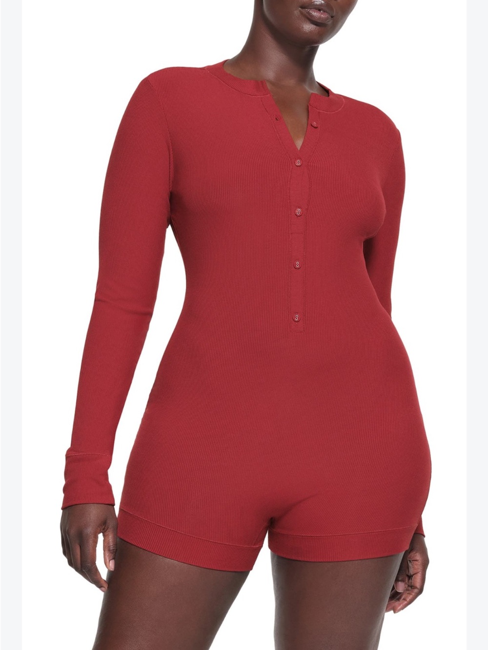 Skims Soft Ribbed Long-Sleeve Button Up Onesie - Red Brick